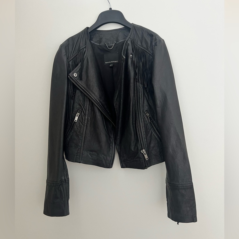 Banana Republic Black Leather Moto Fringe Jacket - Picture 2 of 6